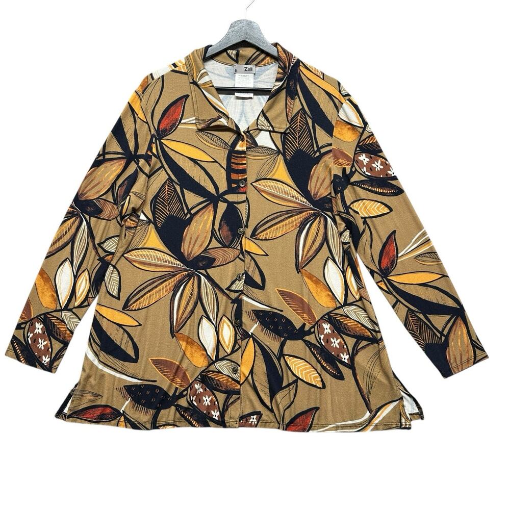 Zoe Blouse Shirt Womens Sz XL Floral Rayon Brown Tan Stretchy Long Sleeve Canada